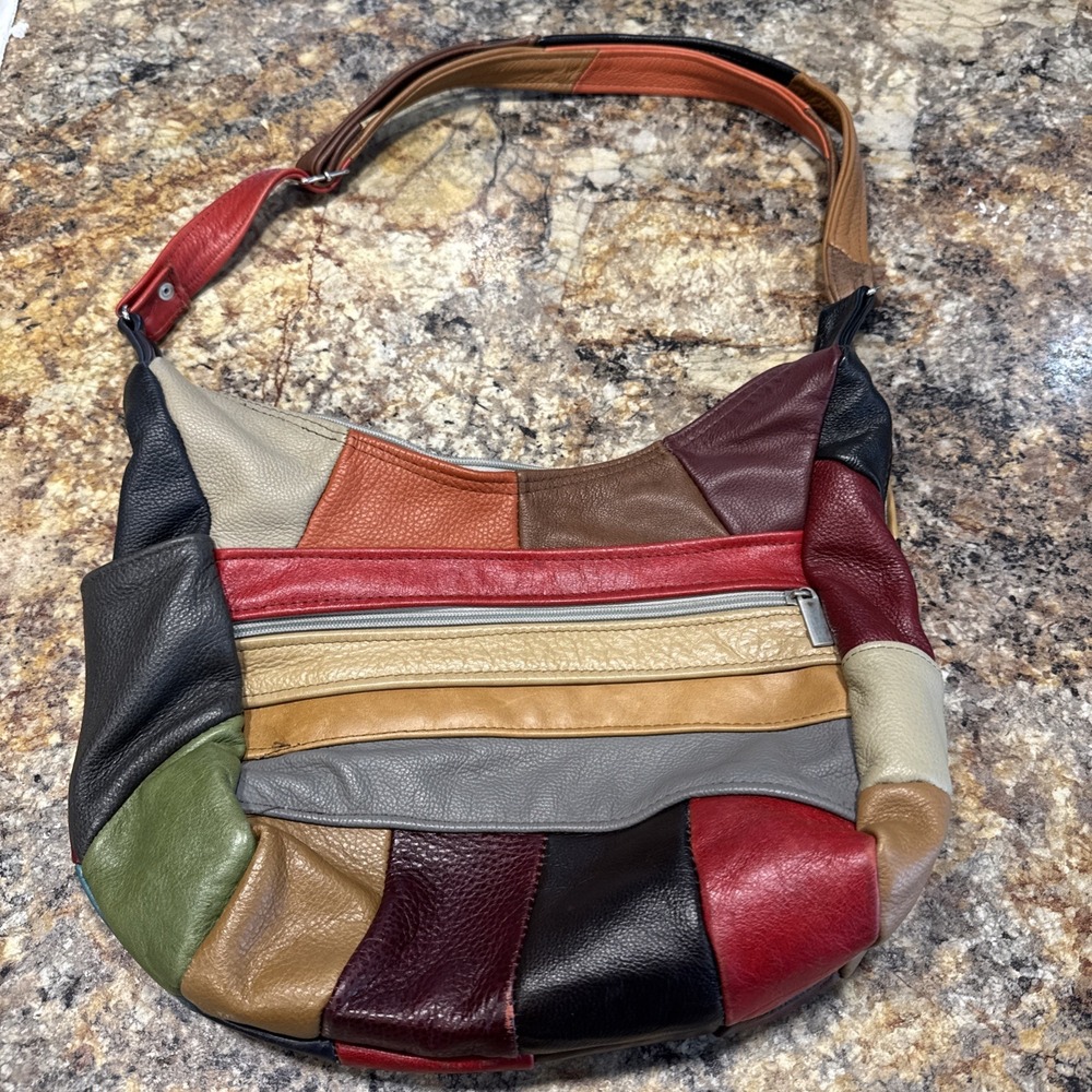 Vintage 70's Style Leather ( 100% ) Patchwork Purse Unbranded Made In Mexico
